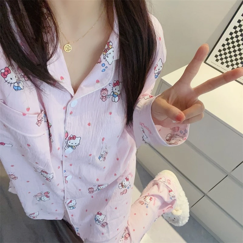 韩版春秋季睡衣女带胸垫卡通粉色Kitty猫薄棉长袖长裤家居服套装