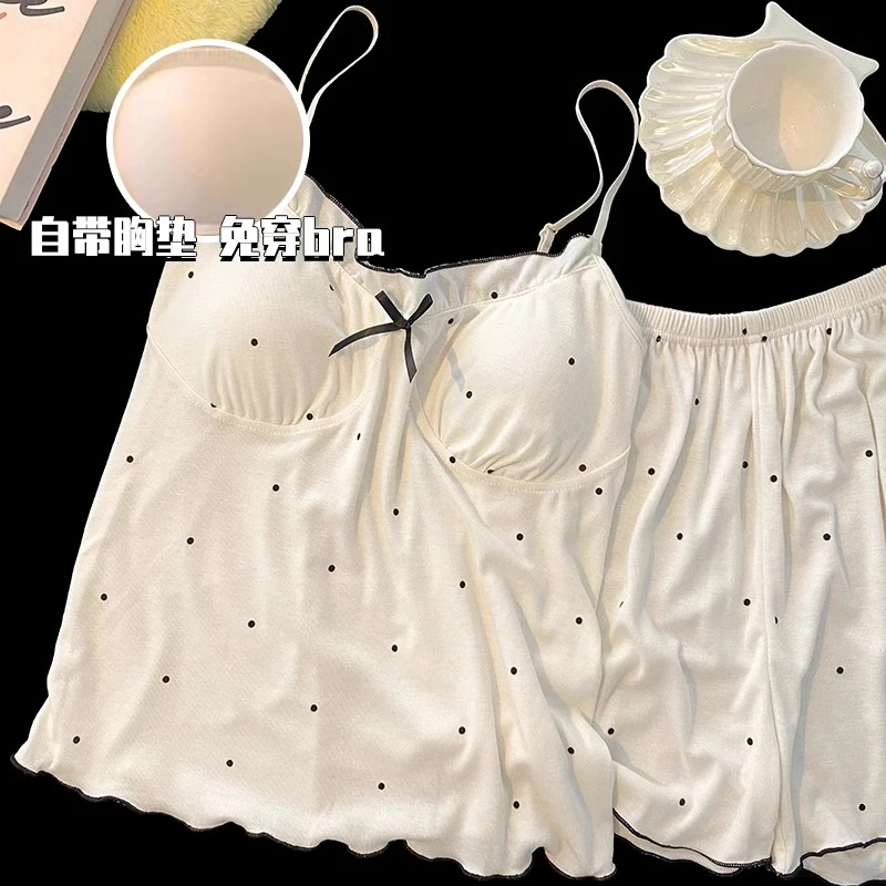 2024新款莫代尔棉性感吊带胸垫夏季睡衣女薄款甜美波点家居服套装