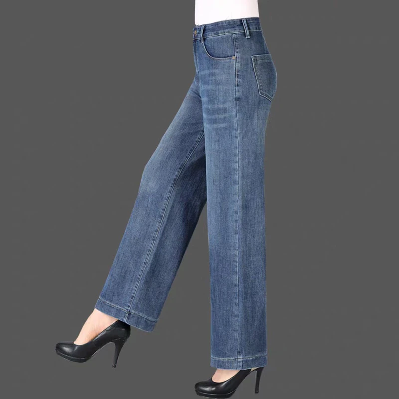 加绒秋冬新款高腰阔腿牛仔裤女中老年宽松直筒裤大码气质妈妈裤子