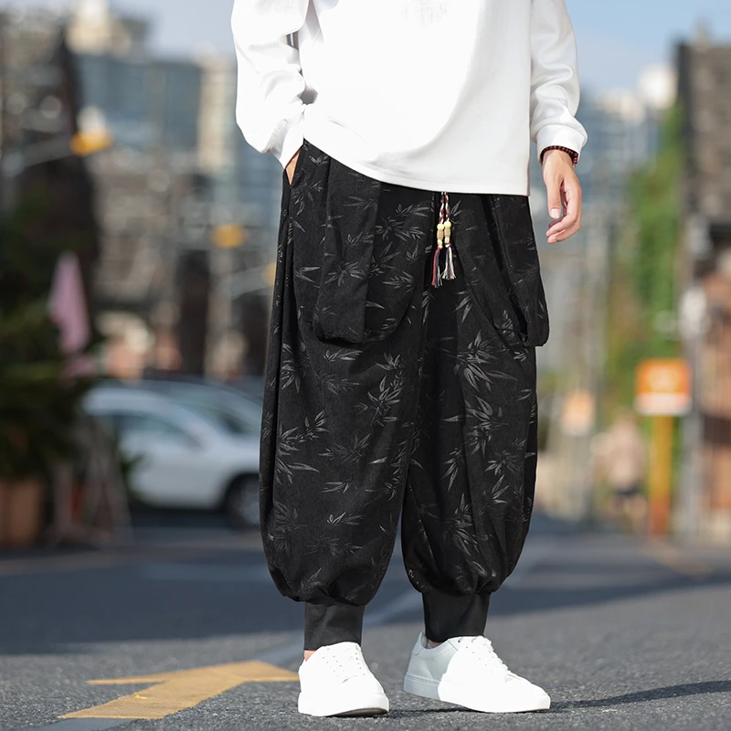 中国风裤子男秋冬季大码宽松束脚哈伦裤新中式提花重磅灯芯绒长裤