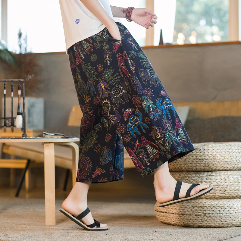 尼泊尔花裤子男士亚麻短裤夏季薄款直筒七分裤宽松阔腿微喇叭裤