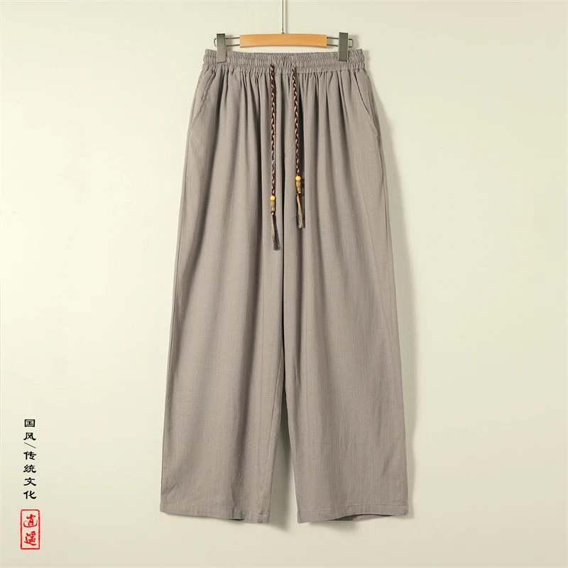 高级感慵懒风灰色西裤男士夏季薄款大码宽松中国风冰丝休闲直筒裤