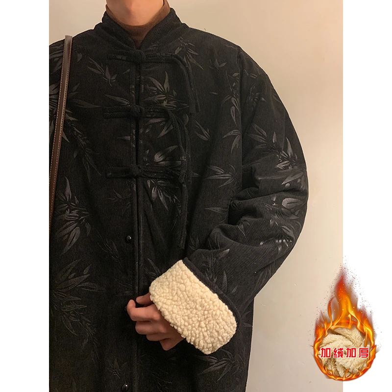 新中式唐装男冬季加绒加厚灯芯绒棉衣中国风提花大码羊羔绒外套潮