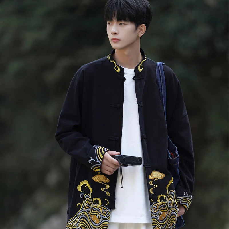 中国风男装刺绣棉麻唐装外套春秋季佛系茶服新中式青年汉服夹克衫
