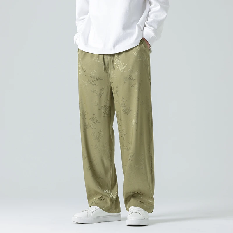 中国风缎面冰丝裤子男春秋季新中式提花休闲长裤宽松垂坠感直筒裤