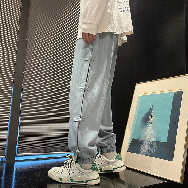 浅蓝色牛仔裤男裤子春秋季新中式国潮盘扣设计感小众束脚休闲长裤