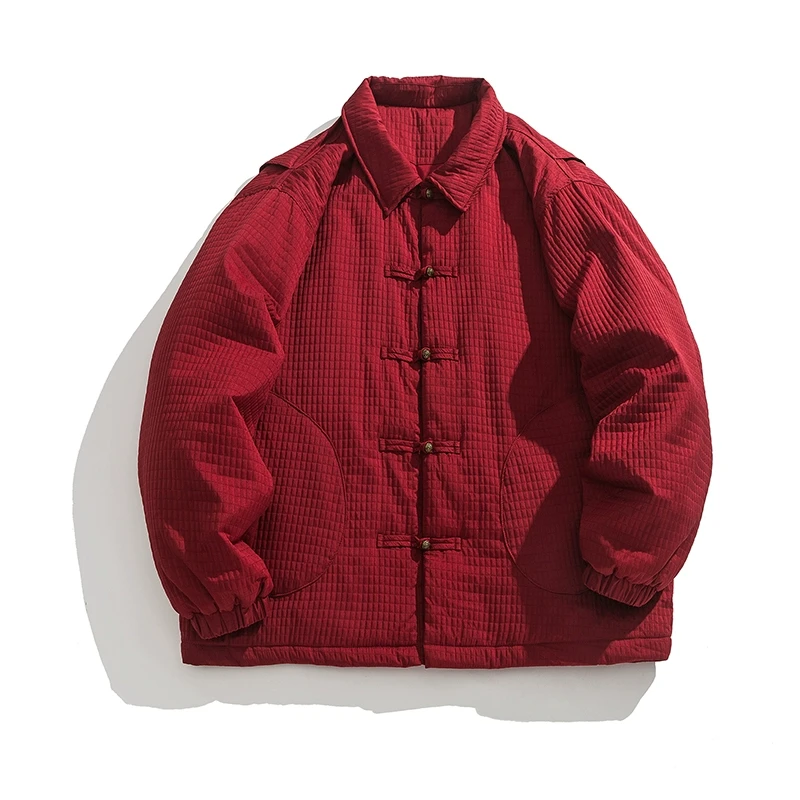 新中式红色唐装棉服外套男华夫格加厚保暖棉衣中国风冬季盘扣棉袄