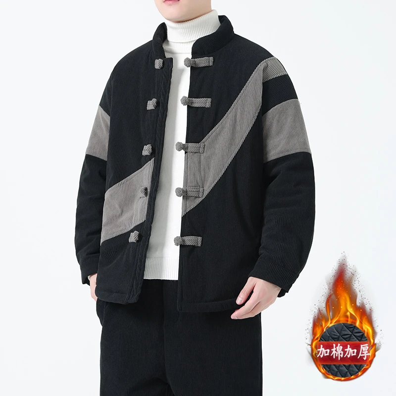 中国风男装盘扣中式唐装棉衣冬季拼色加厚保暖复古风棉袄外套男潮