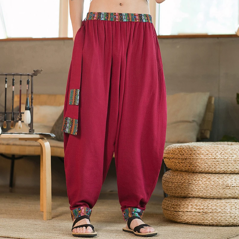 民族风印花藏式亚麻裤子男春夏中国风阔腿休闲长裤大码胖子哈伦裤