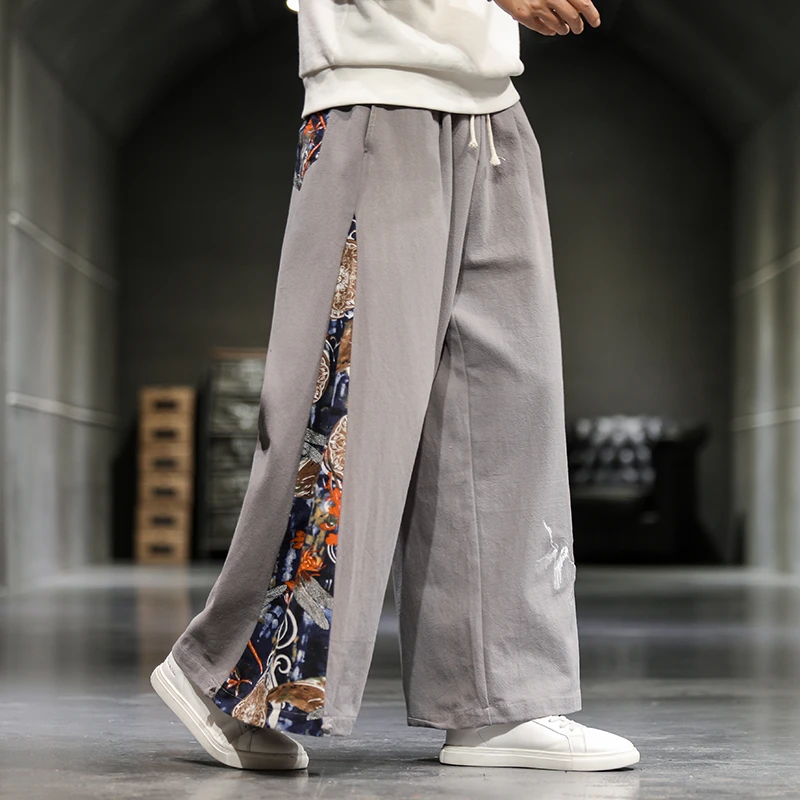中国风仙鹤刺绣拼接仙气裙裤男士垂感冰丝汉服直筒裤宽松休闲长裤