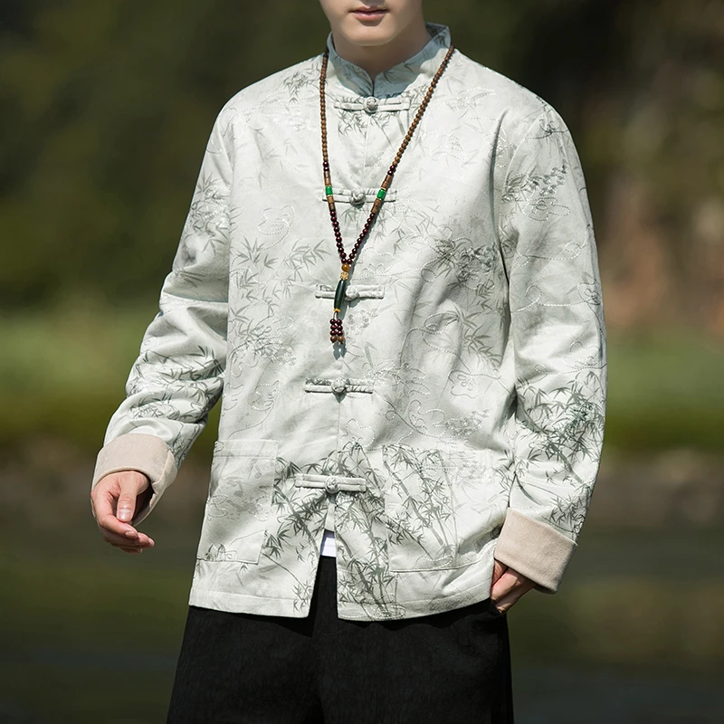 唐装男秋冬季中国风麂皮绒盘扣外套新中式竹叶提花大码中山装夹克