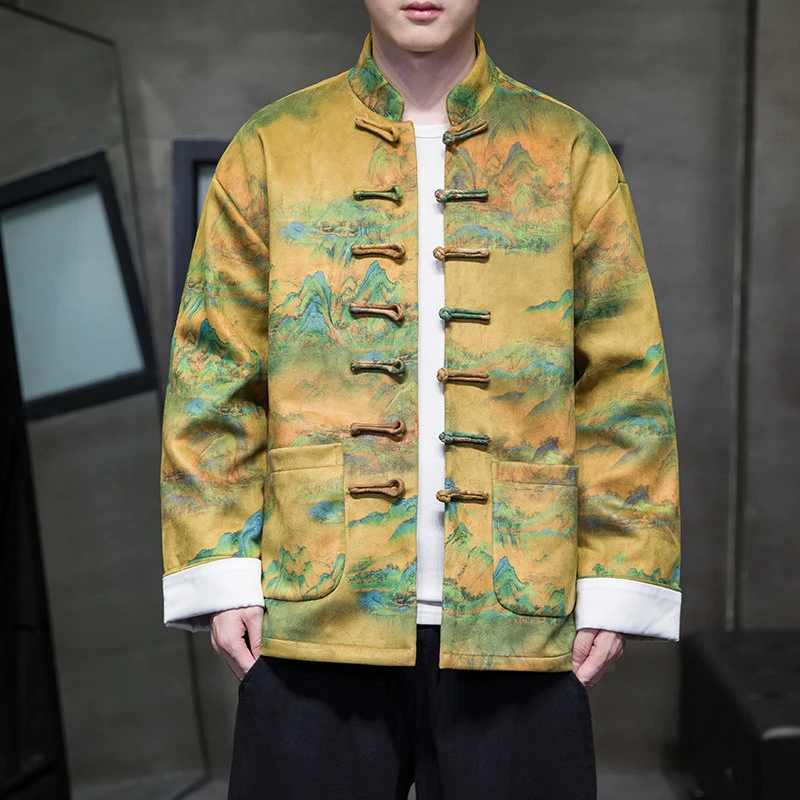 中国风唐装男秋冬季高级感麂皮绒夹克中式复古山水印花盘扣中山装