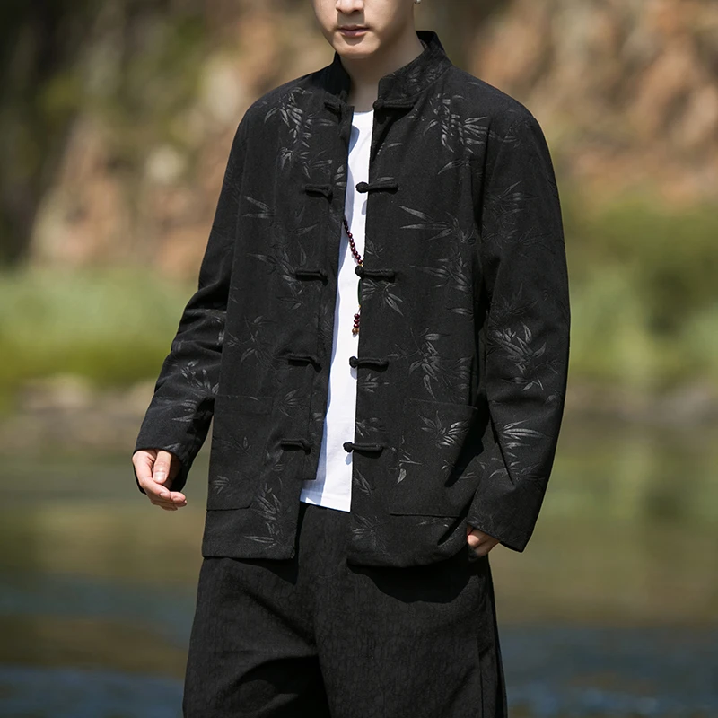 中国风竹叶提花高级感外套男潮新中式茶服唐装立领盘扣中山装夹克
