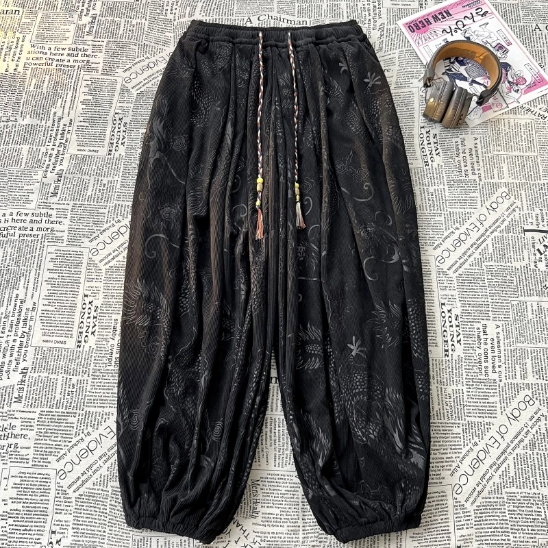 中国风男装龙纹提花阔腿灯笼裤大码胖子新中式复古潮流宽松哈伦裤