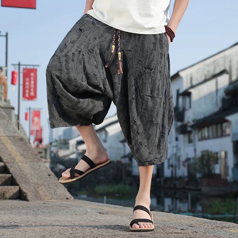 国潮大码胖子做旧破洞七分裤男中国风复古潮流宽松废土风乞丐裤子
