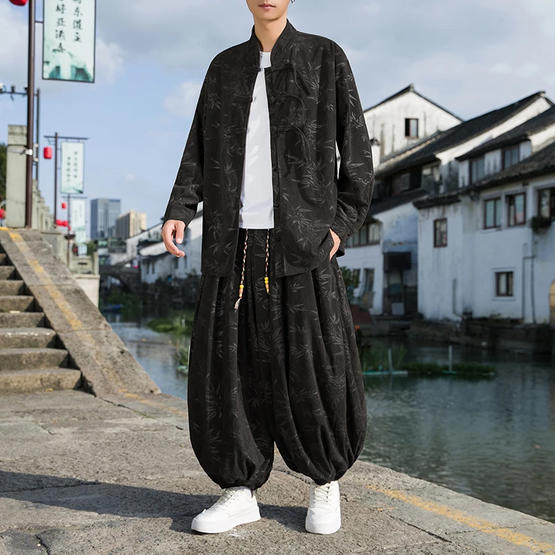 中国风提花居士服套装男春秋季新中式立领盘扣唐装复古灯芯绒衬衫