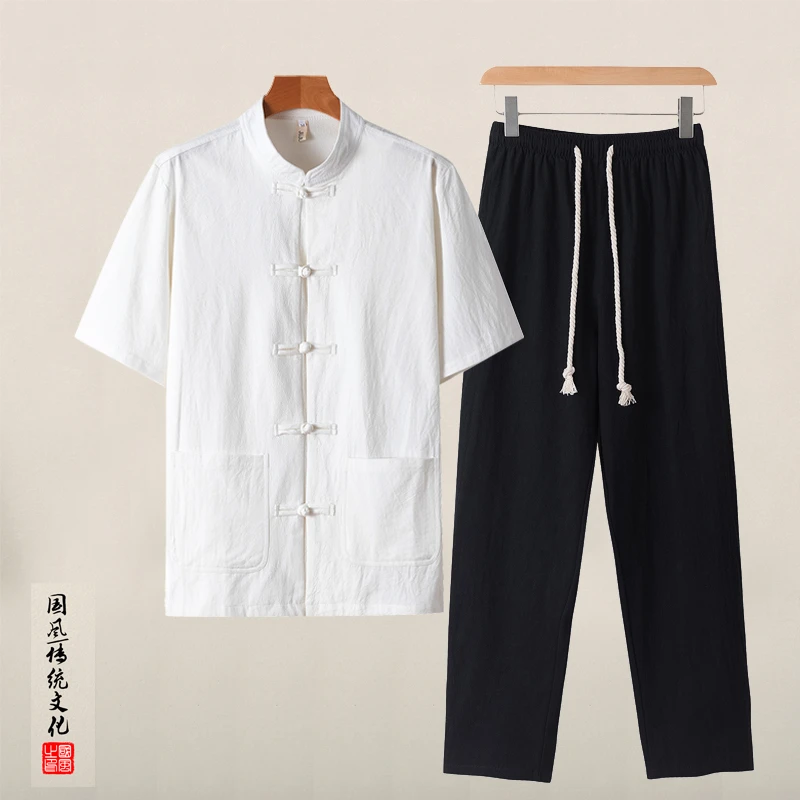 棉麻短袖衬衫男夏季薄款中国风唐装套装青年中山立领盘扣棉麻衬衣