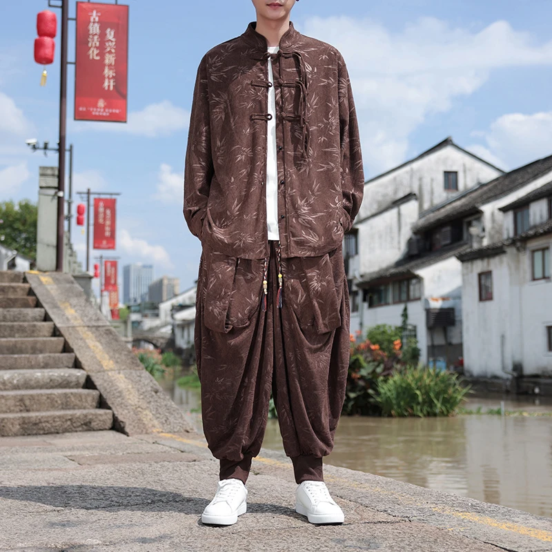 唐装套装男中国风印花灯芯绒长袖衬衫复古新中式居士汉服立领衬衣