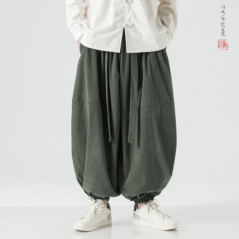 加肥加大码胖子灯笼裤男士秋季新款国潮男装飘带灯芯绒阔腿哈伦裤