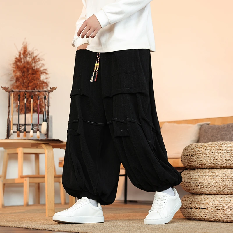 灯笼裤男士大码肥佬束脚运动裤新中式男装重磅垂感卫裤设计感长裤