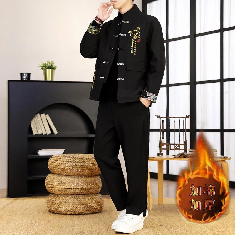 新中式唐装男士冬季加棉加厚外套中国风刺绣汉服套装立领盘扣棉衣