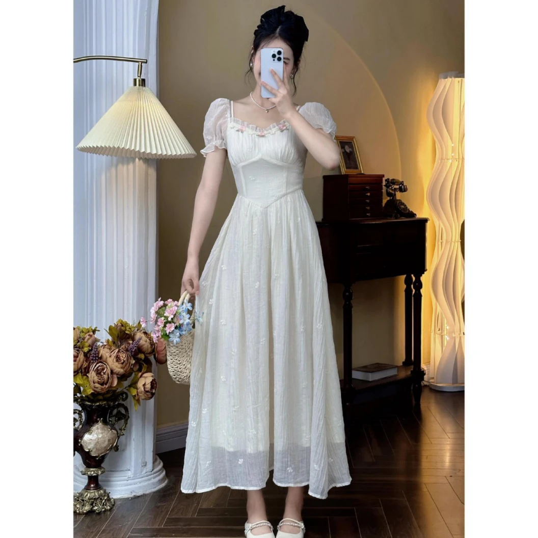 肖夫人【五月天】复古法式方领收腰蕾丝公主气质女装连衣裙