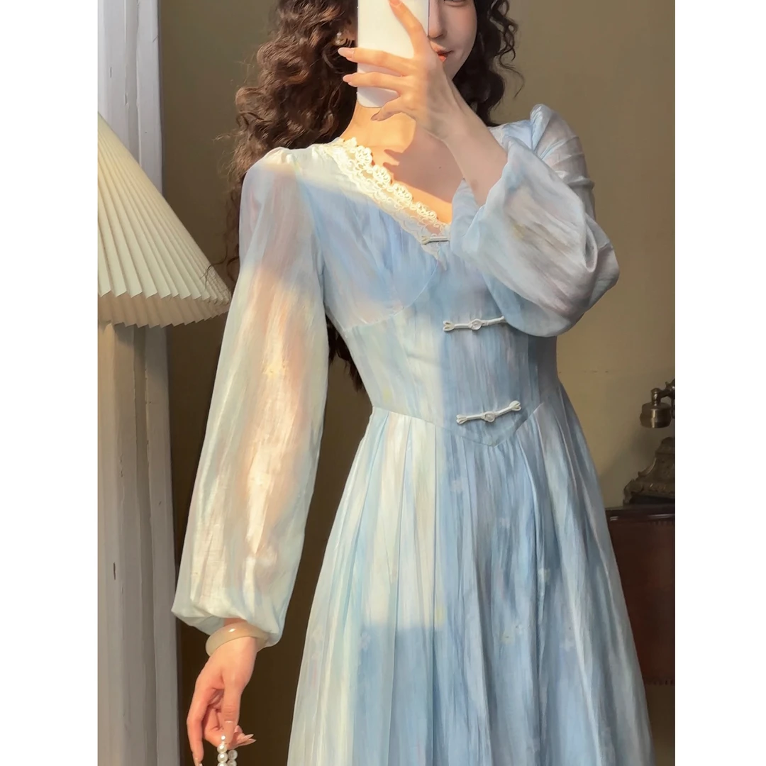 肖夫人【风露铃兰】法式复古长袖连衣裙女夏气质收腰显瘦优雅  Q636