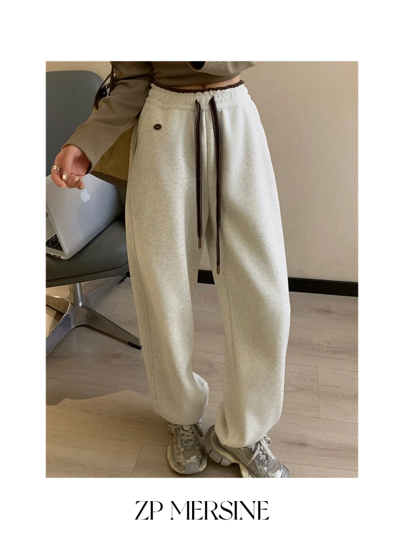 韩版休闲撞色腰egg 加绒运动束脚裤女裤冬季新款宽松高腰抽绳卫裤