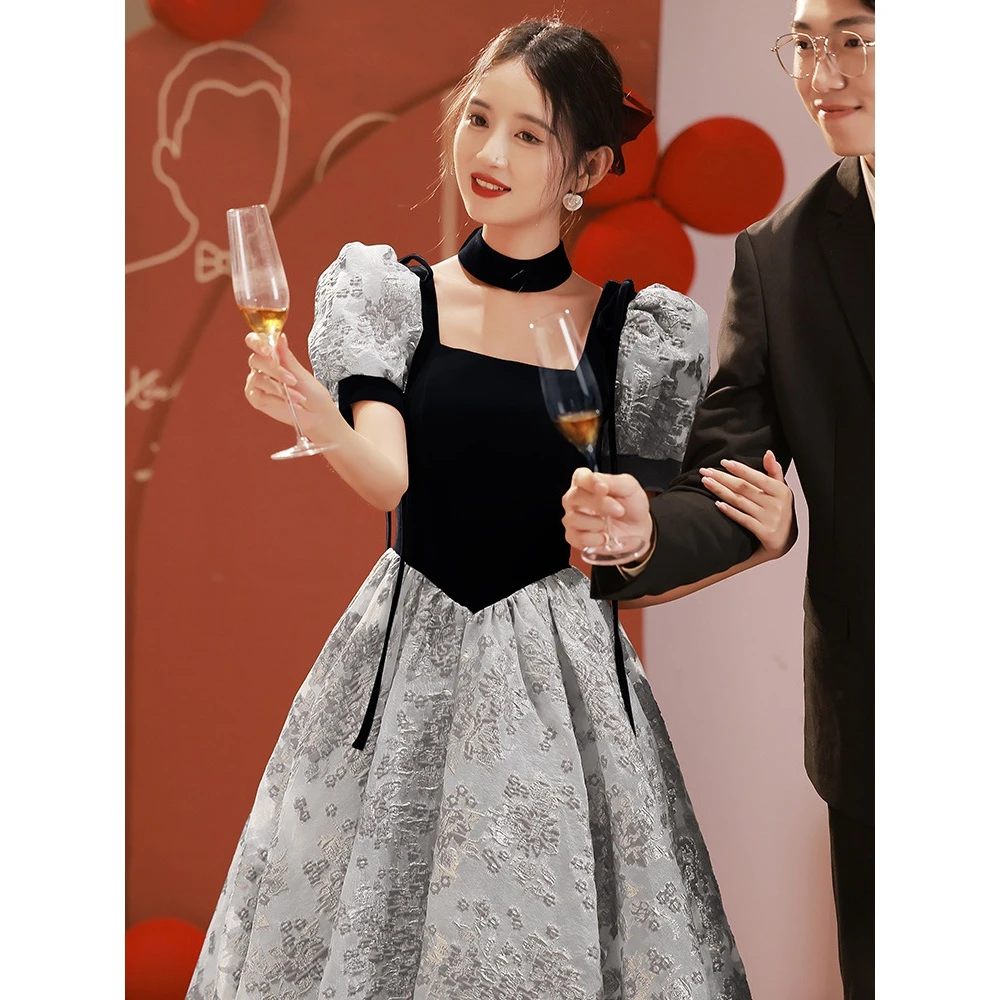 黑色晚礼服艺考主持轻奢小众法式洋装日常款成人礼生日连衣裙女