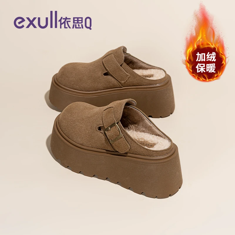 依思Q官方旗舰店包头毛毛半拖鞋女2025秋冬新款加绒加厚底勃肯鞋