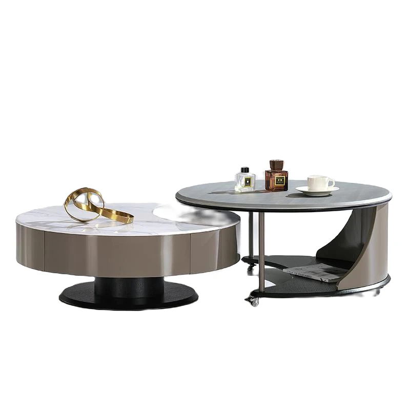 极简轻奢茶几高级感创意可旋转时尚客厅简约大理石高低圆茶几组合