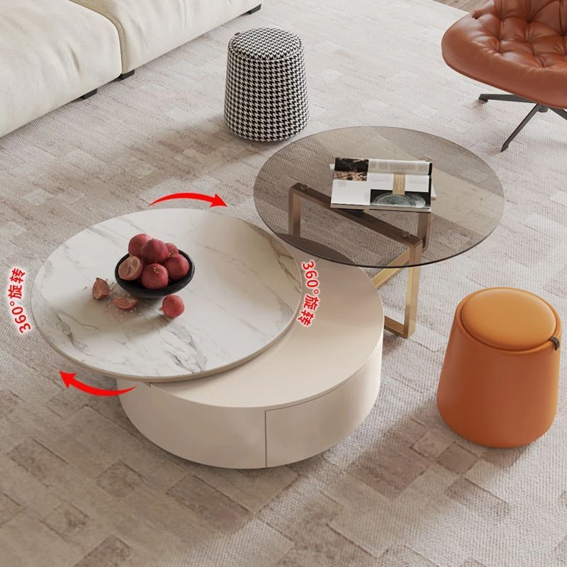 岩板茶几简约现代轻奢圆形茶几可旋转家用客厅储物茶几电视柜组合