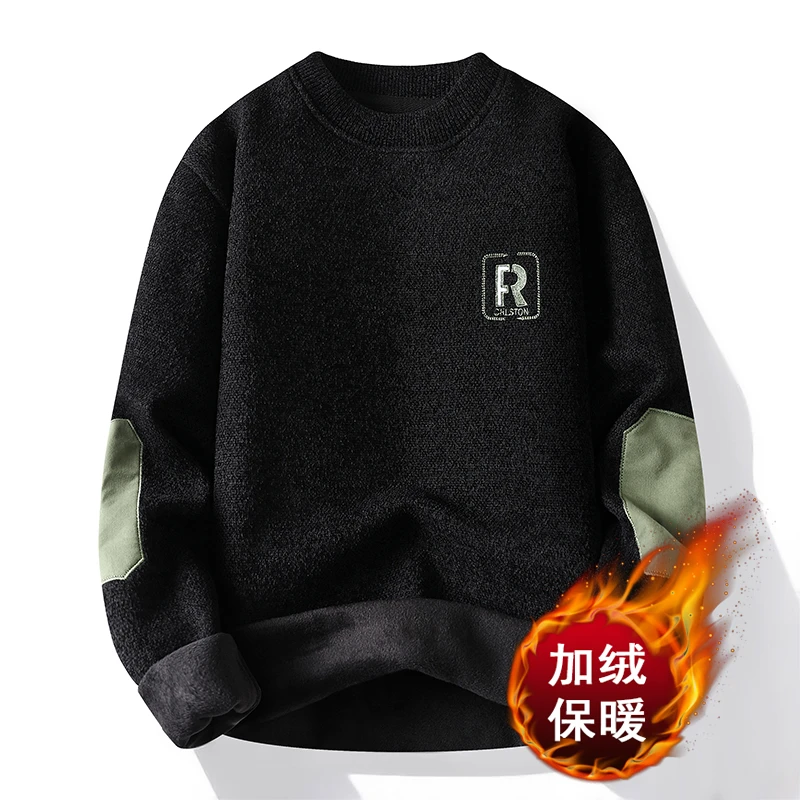 圆领毛衣男加绒保暖秋冬内搭男生打底上衣男士冬季潮流刺绣针织衫