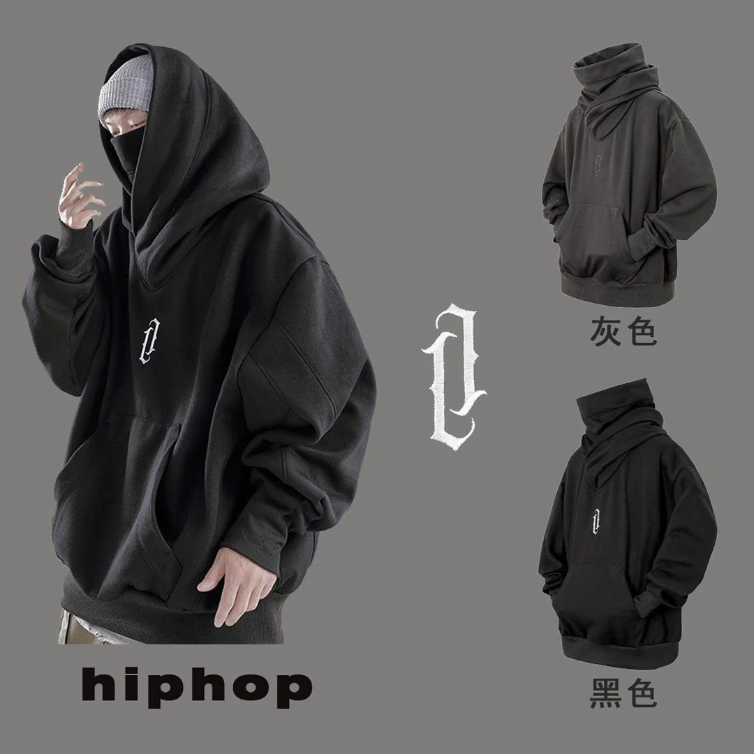 hiphop连帽冲锋卫衣男秋冬款加绒高领宽松高街风嘻哈复古港风外套