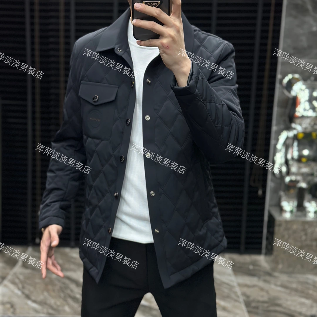 男士黑色菱形格翻领棉服轻薄修身时尚休闲外套2457
