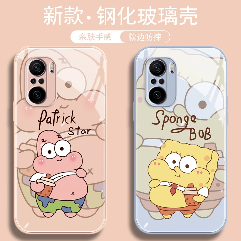 红米K40PRO海绵宝宝玻璃手机壳卡通可爱情侣男女款全包防摔保护套