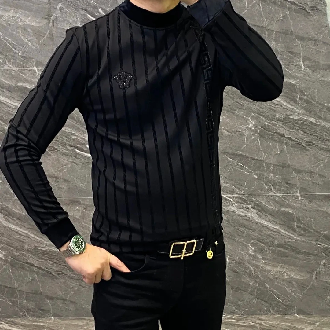 B897男士半高领打底衫植绒烫钻潮流修身打底长袖T恤商务百搭