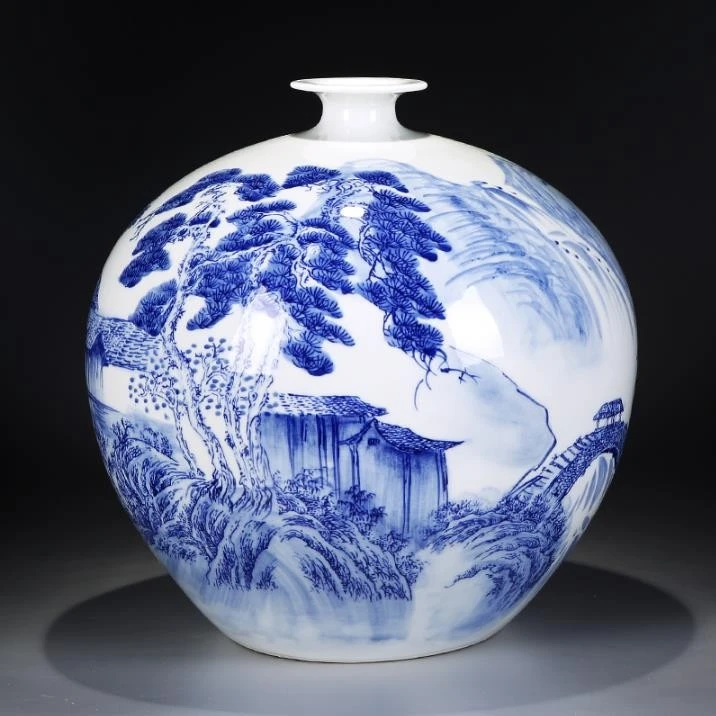 景德镇方春晖青花溪山秋晴石榴瓶客厅摆件