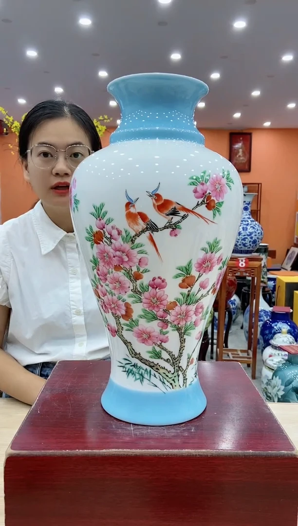 【闪购商品】摆件水点桃花红鸟鱼尾瓶