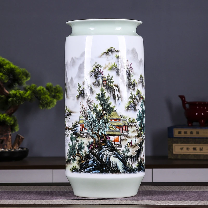 景德镇陶瓷中式家居客厅插花装饰品摆件清泉石上流箭筒
