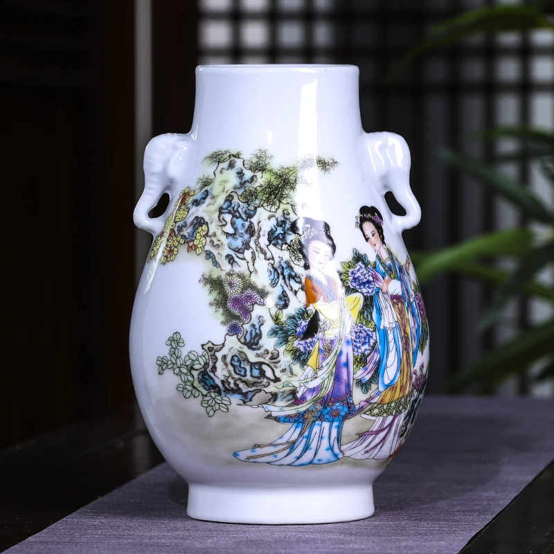 鸿轩景德镇陶瓷器仕女图双耳福筒花瓶