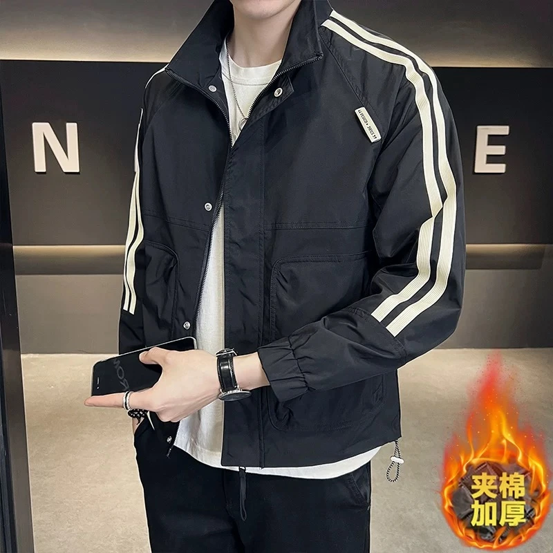 2024秋冬新款男士拼接条纹夹克高级痞帅夹棉加厚立领工装休闲外套