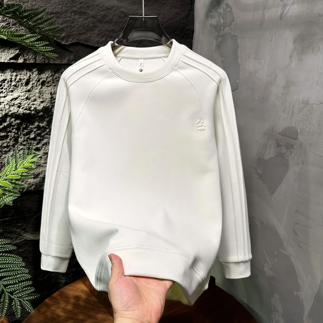 2024冬双面云朵绒褶皱设计重磅刺绣简约百搭休闲纯色圆领男士卫衣