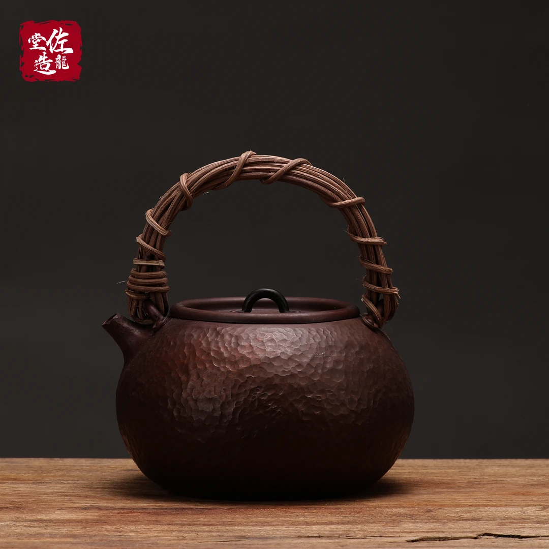 佐龙堂一张打铜壶手工紫铜壶烧水铜壶复古做旧铜茶壶藤编提手壶