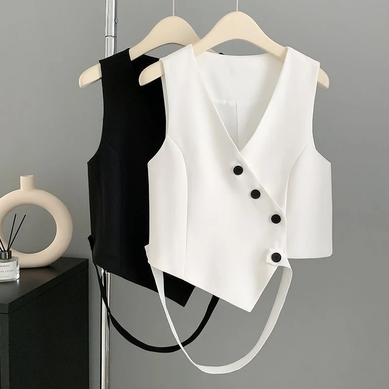 不规则个性时尚黑色西装马甲女款2024新款夏季短款背心马夹女外穿