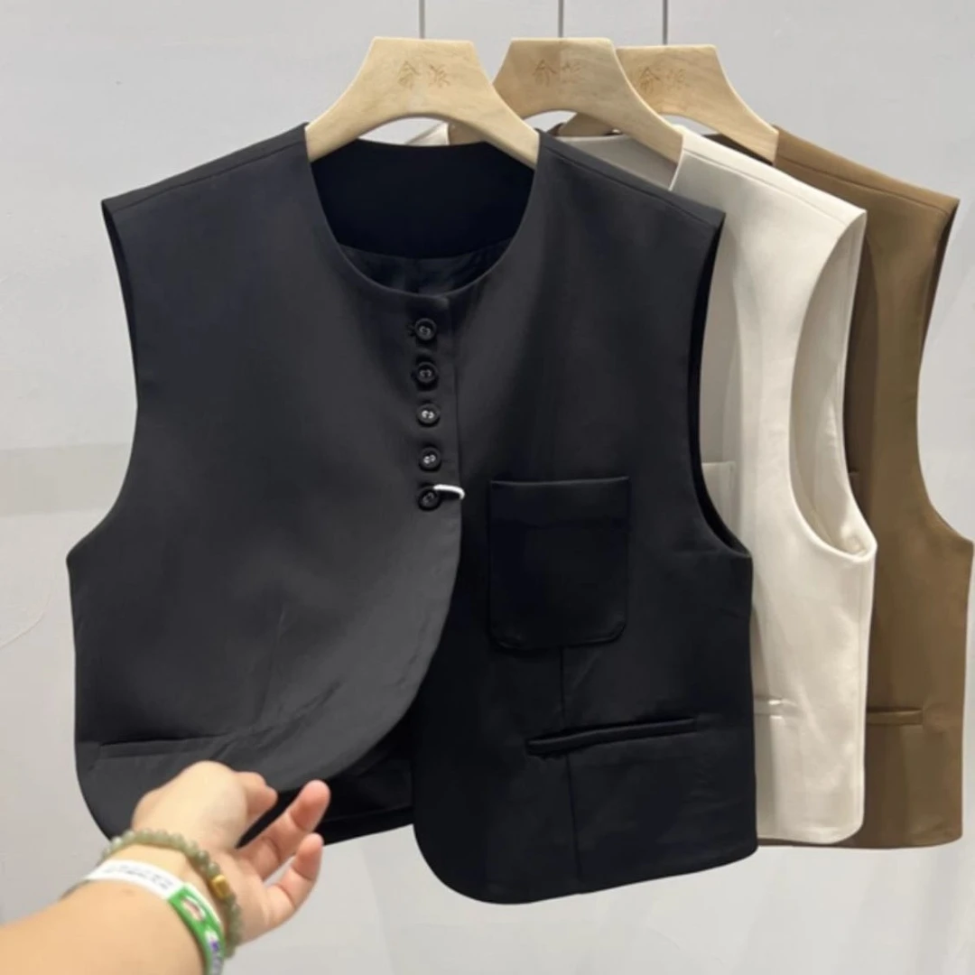 圆领单排扣短款西装马甲外套女春秋季欧货洋气复古设计感小众马夹