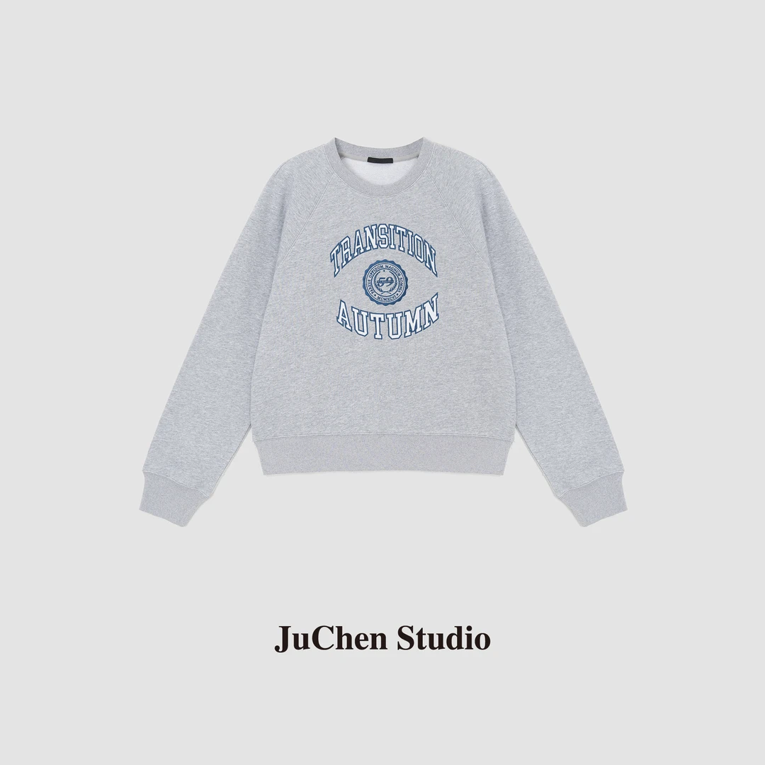 “时髦学术派”自制高密纯棉字母贴布刺绣圆领卫衣 FW093030