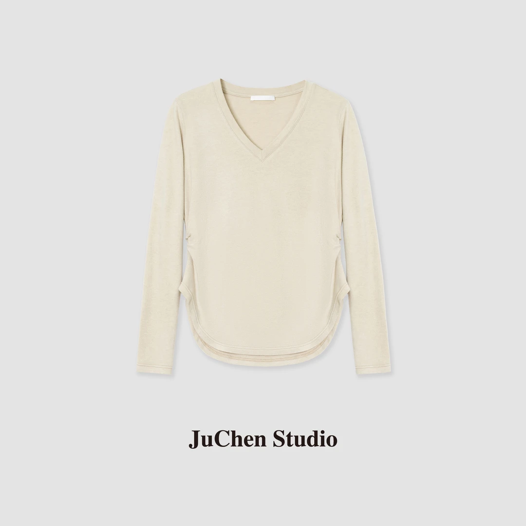 ♬"小蛮腰"软绒触感 腰褶线条 修身显瘦简约V领长袖T恤 FW101619