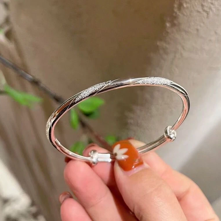 足银手镯 A751足银999.9圆棍钉沙推拉手镯实心圆条镯轻奢小众送礼