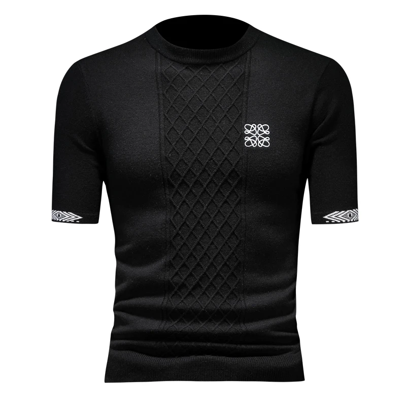 针织感堤花打底刺绣短袖毛衣时尚羊毛衫高级欧货男潮牌秋冬衫潮流